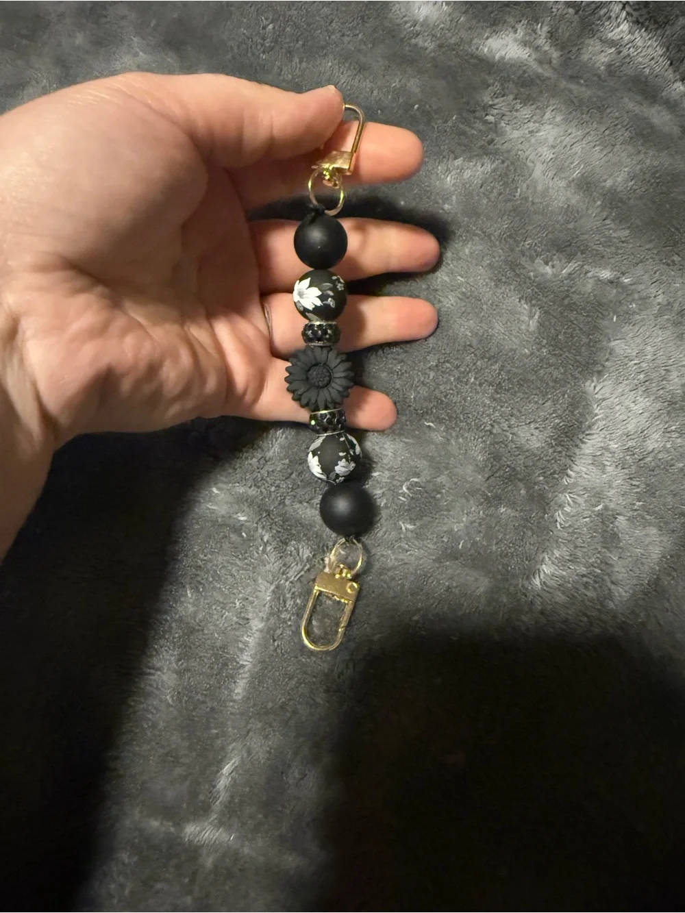 Black Floral Beaded Phone Wrist Strap with Gold Hardware